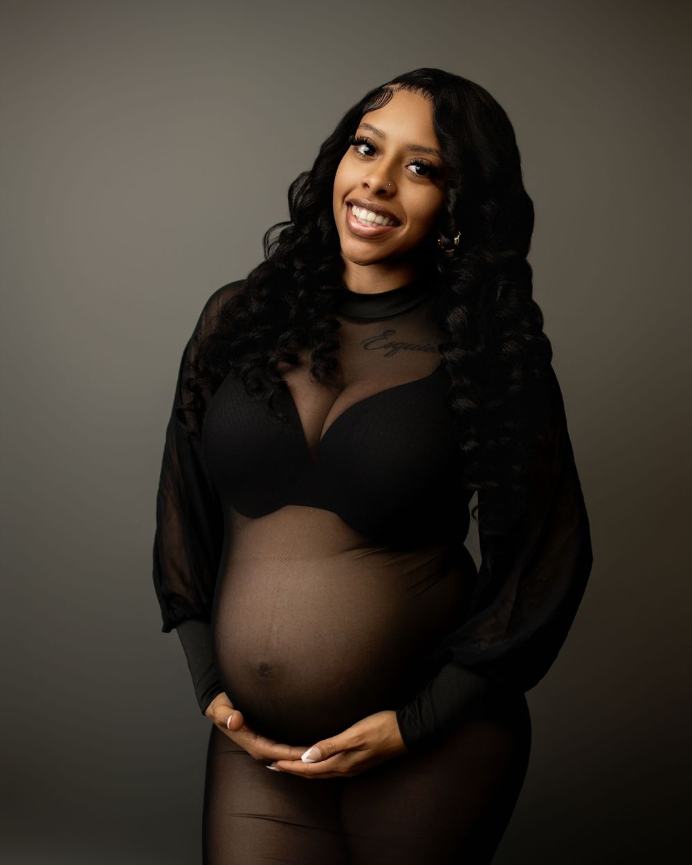 Artistic maternity portrait series showing a woman in brown and black outfits against a moody studio backdrop.