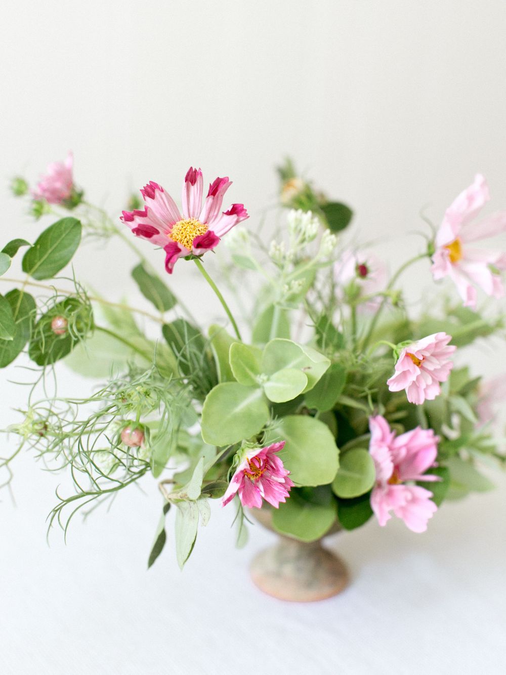 Pink cosmos flowers and delicate greenery arranged in a minimal vase against a white background.