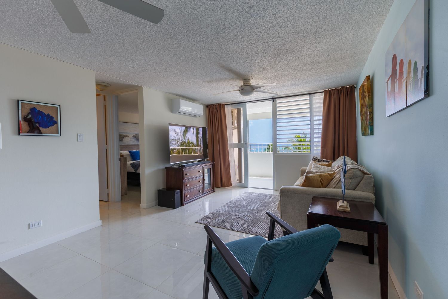 Real estate photography. Living room. Short-term rental in Playa Azul Tower 1 in Luquillo, Puerto Rico.