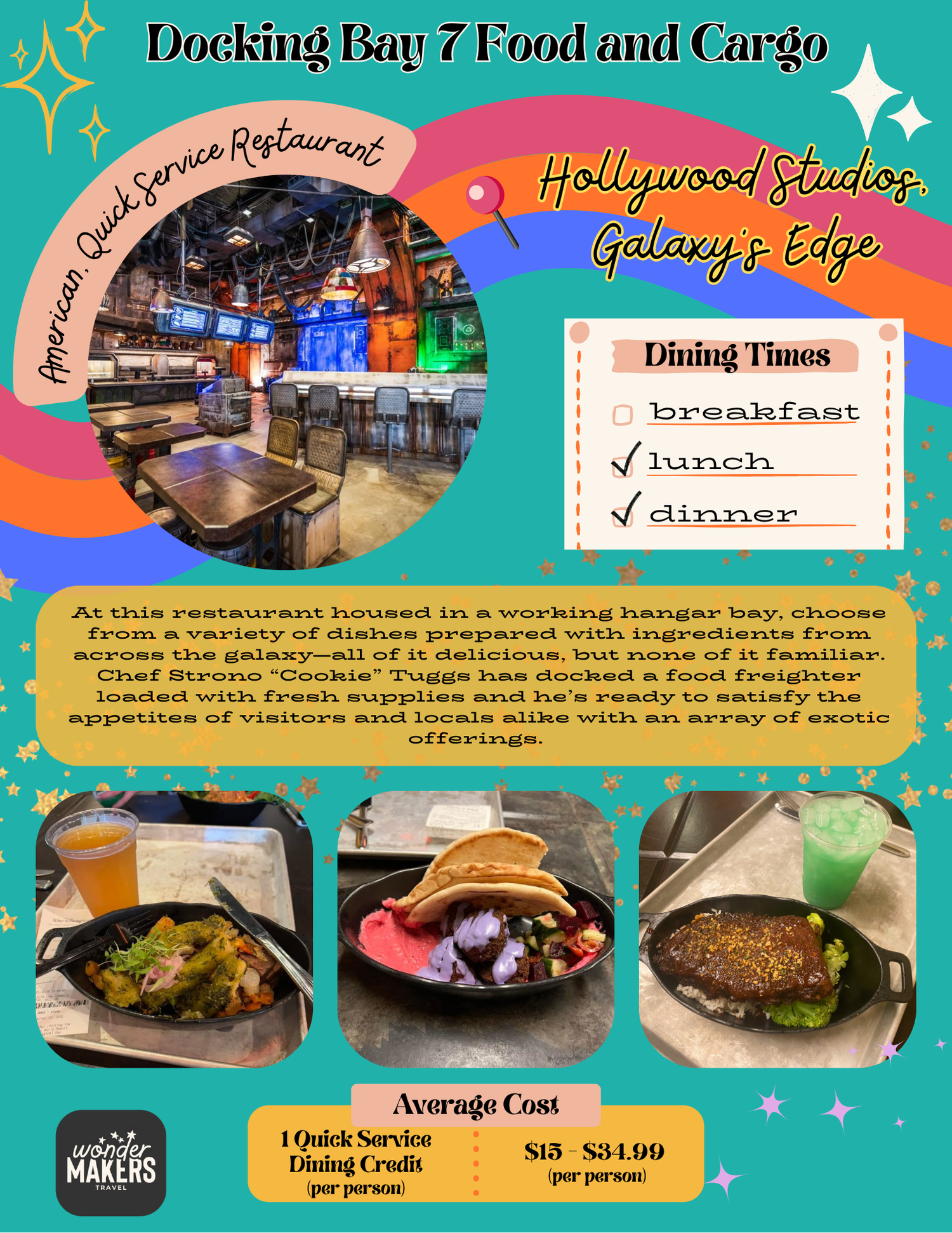 Restaurant menu card for Docking Bay 7 showing interior dining area and three burger dishes.