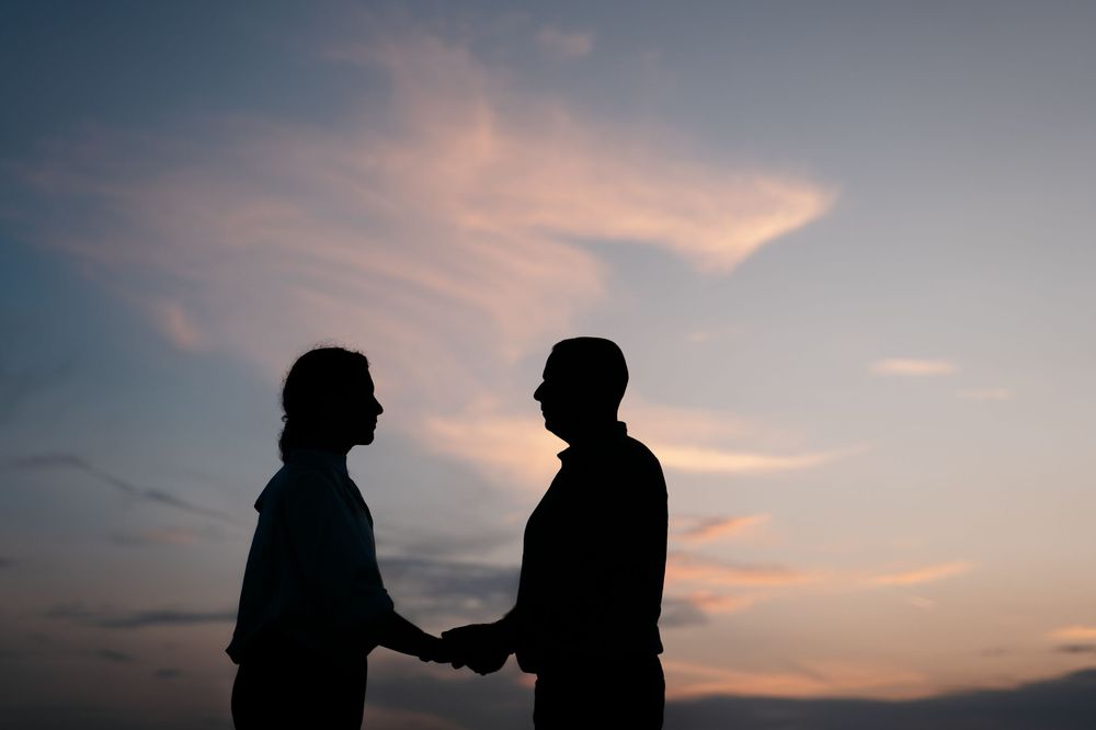 Two silhouettes stand facing each other holding hands against a dramatic pink and blue sunset sky.