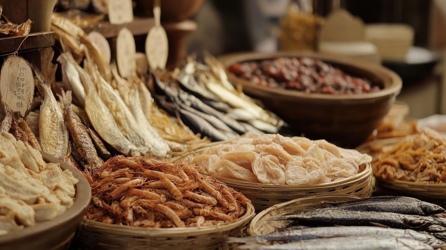 Various dried and preserved Asian foods including dried fish, shrimp, and other seafood displayed in traditional bowls.