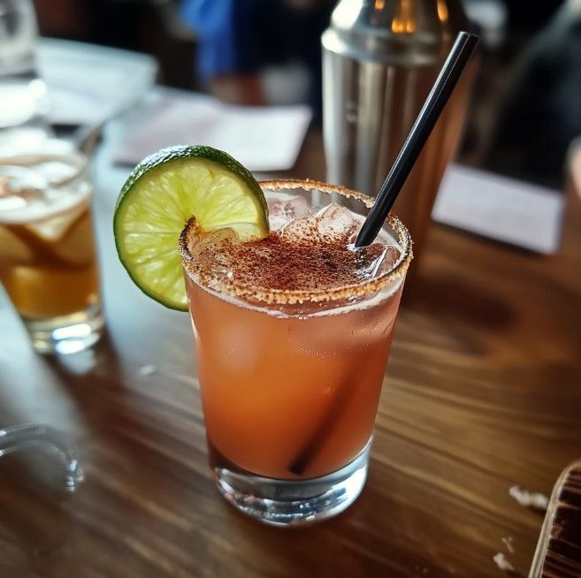 A red cocktail garnished with a lime wheel and dusted with spices sits in a rocks glass on a wooden table.