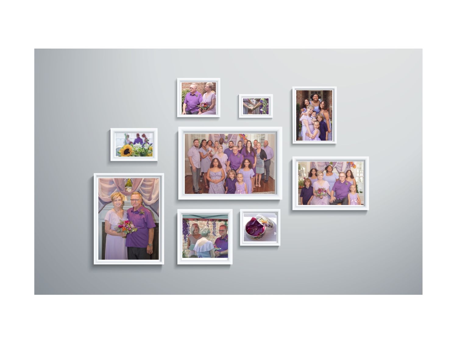 A collection of white-framed photographs arranged on a gray wall showing family moments and group celebrations.