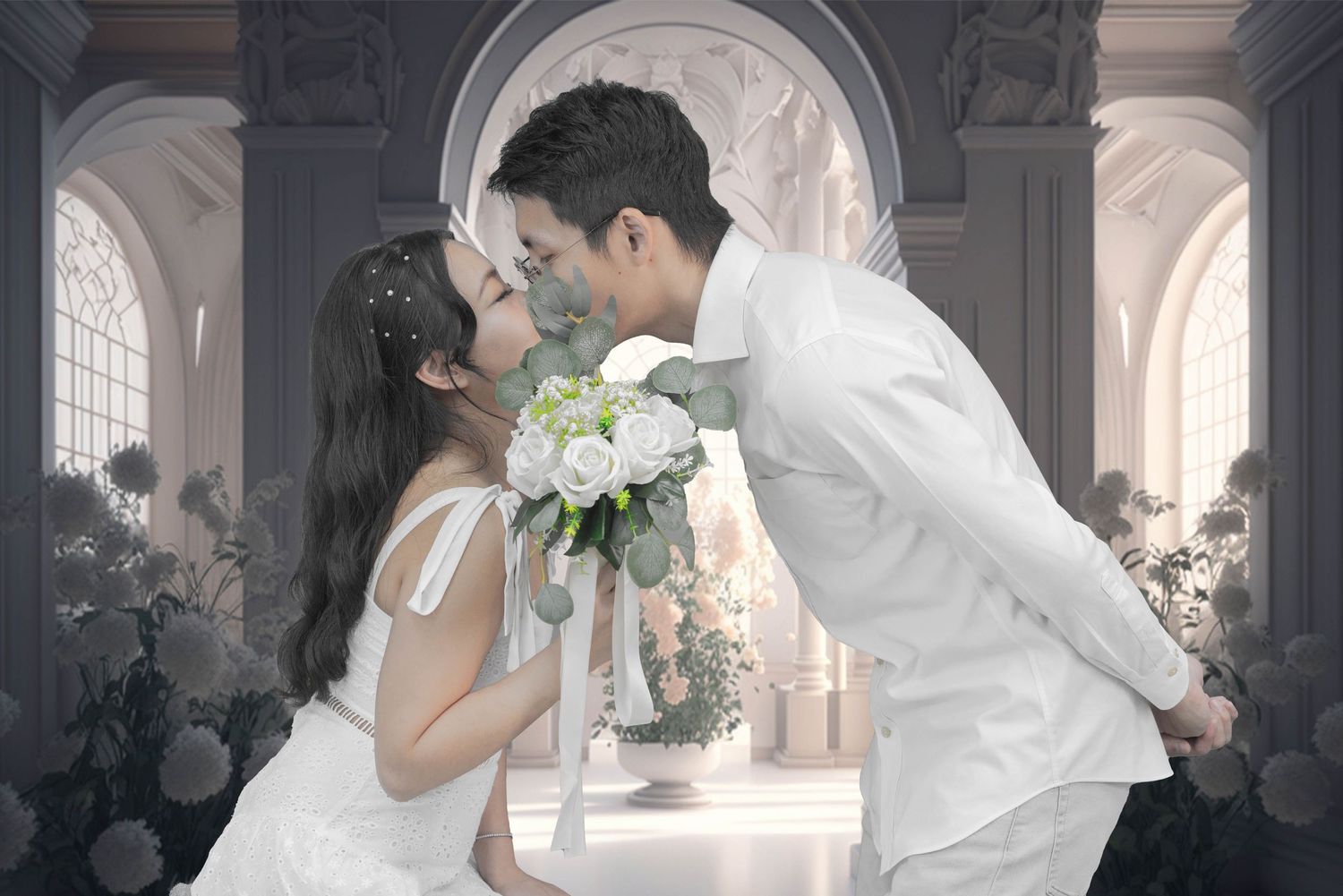 Romantic wedding portrait of couple almost kissing in an elegant church setting.