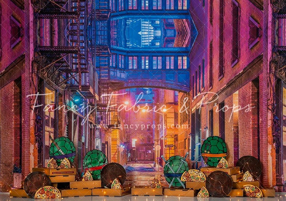 Vibrant pink and blue neon lights illuminate a narrow urban alleyway with fire escapes and glowing storefronts at night.