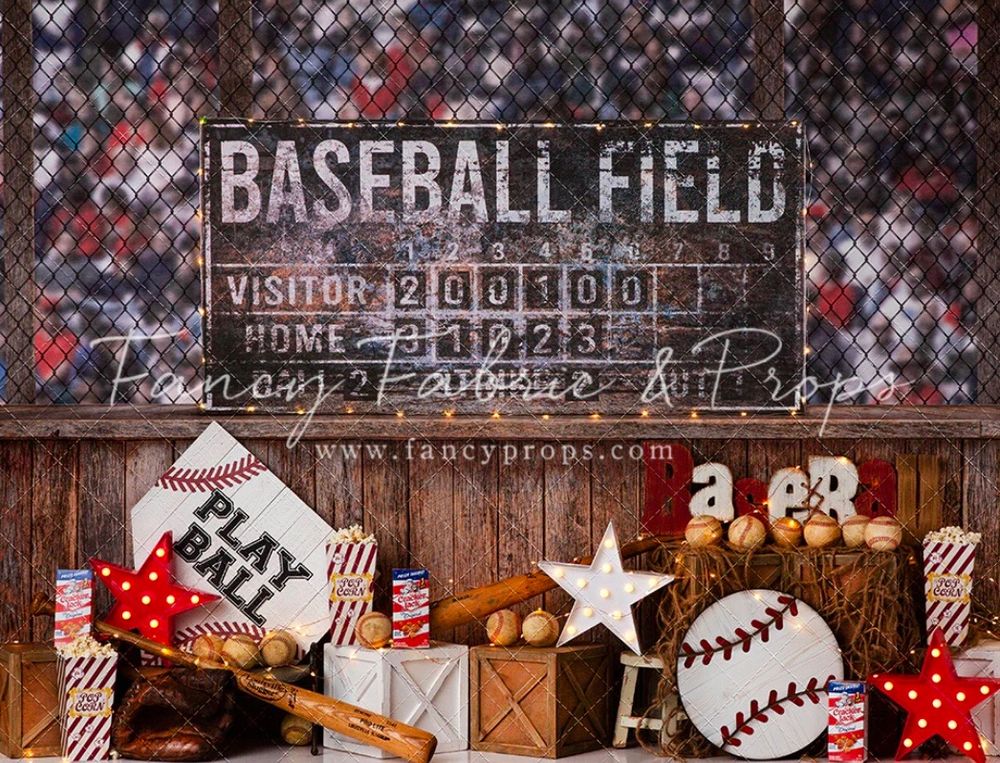Baseball themed backdrop with scoreboard, vintage decor, wooden elements, and red accents for photography setup.
