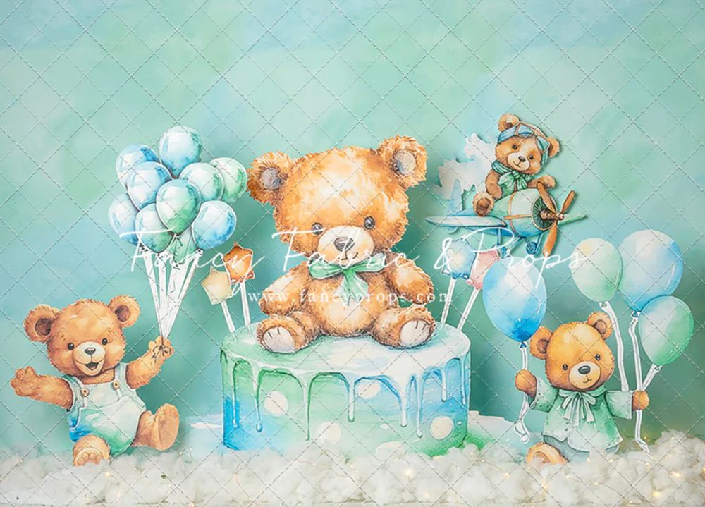 Cute teddy bears with blue and peach accents on a soft watercolor background create a whimsical border design.