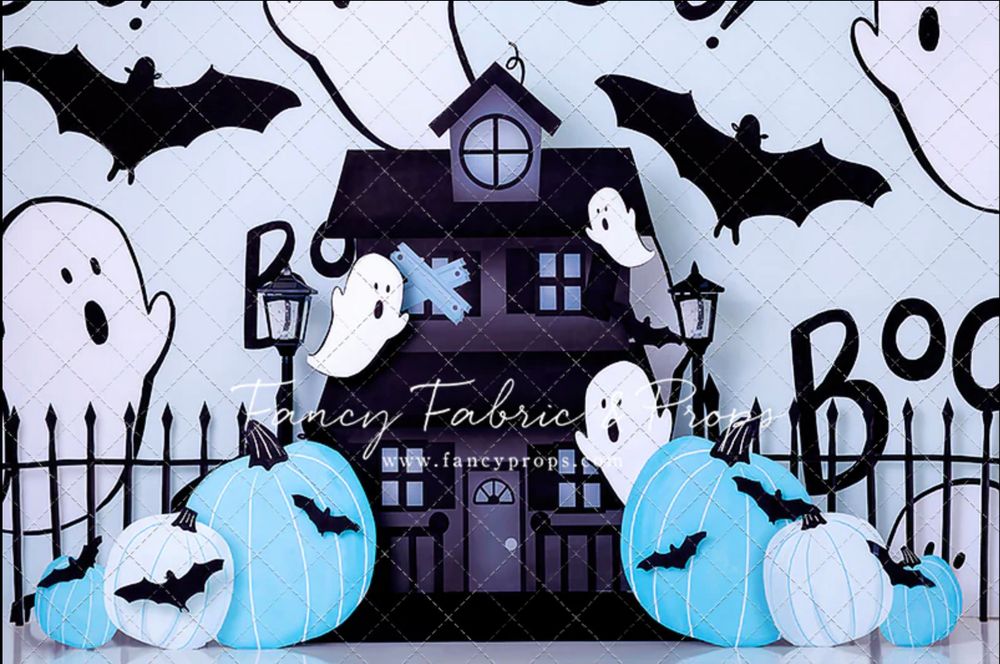 A Halloween border pattern with haunted houses, bats, ghosts, and a full moon against a dark sky background.