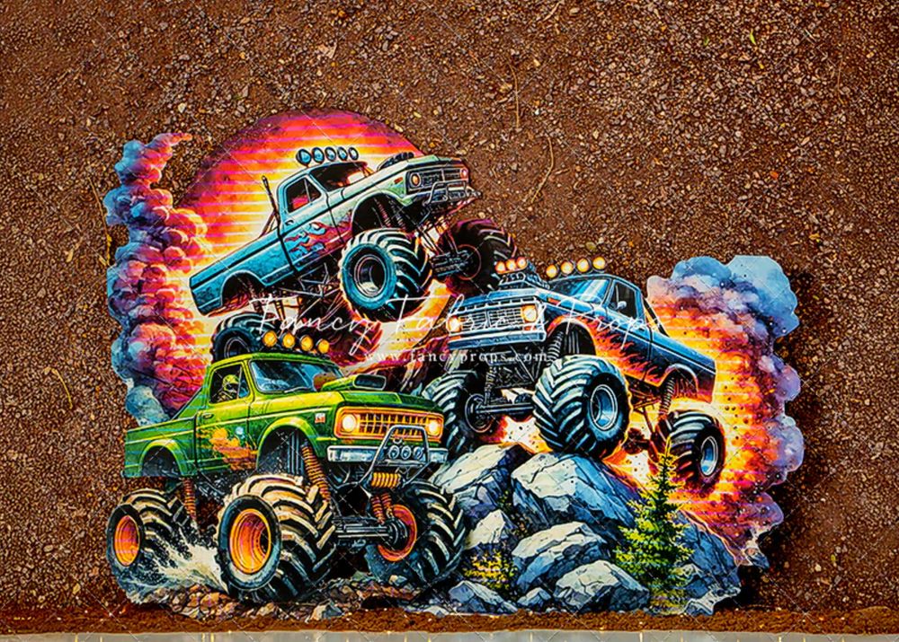 Colorful cartoon illustration of three monster trucks racing through mud with dramatic exhaust smoke trails.