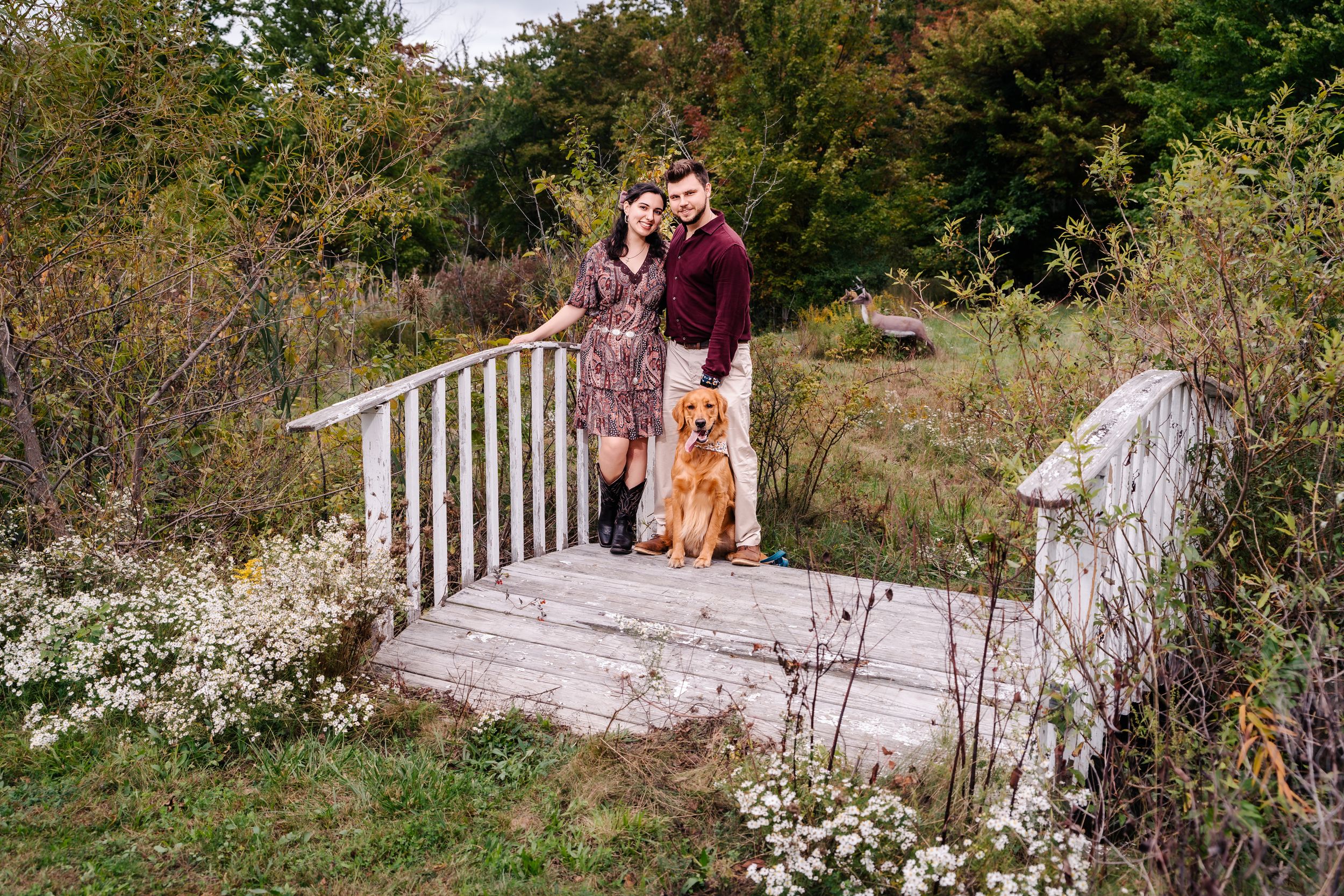 A couple and their dog pose on a white bridge amid blooming wildflowers.