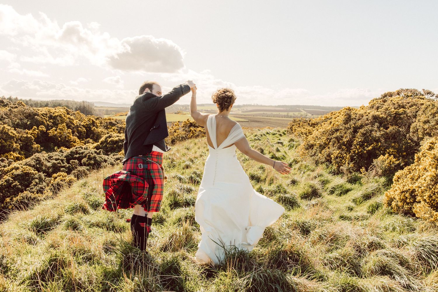 Wedding couple walking through sunlit Scottish highlands with golden gorse bushes.