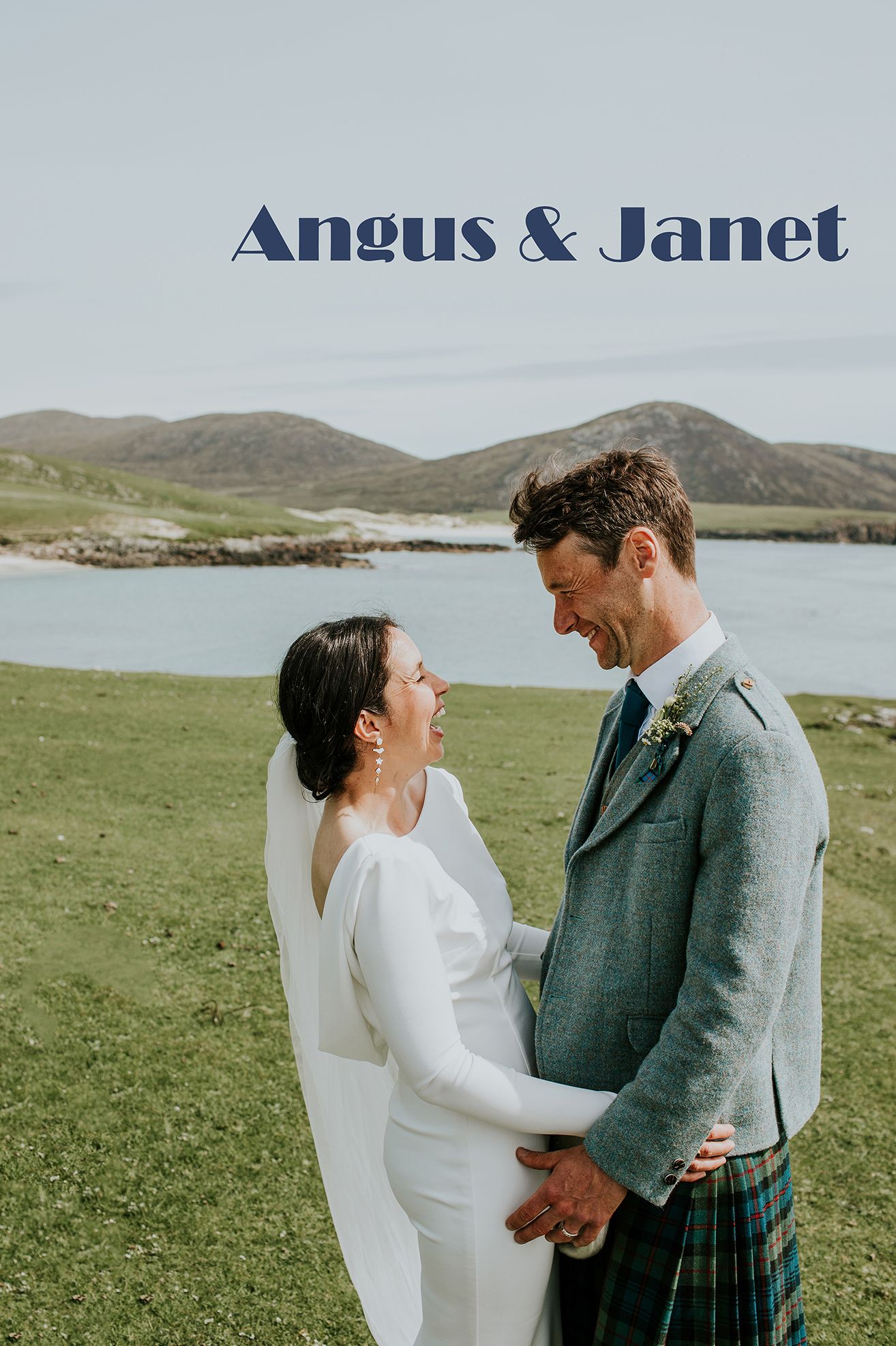 Couple in Scottish wedding attire share intimate moment on hillside overlooking coastal landscape in Northton on the Isle of Harris