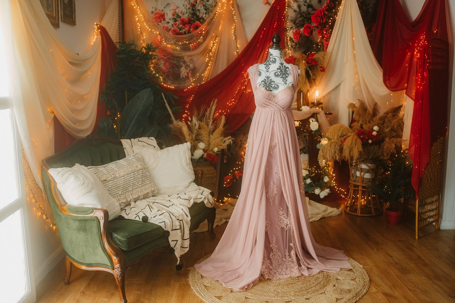 A dusty pink floor-length gown with a flowing train displayed in an elegant vintage-style room with draped fabric and antique decor.