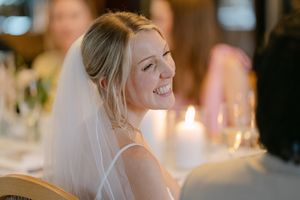 Candid wedding photo series showing joyful moments of a bride in a white dress and veil at an elegant reception.