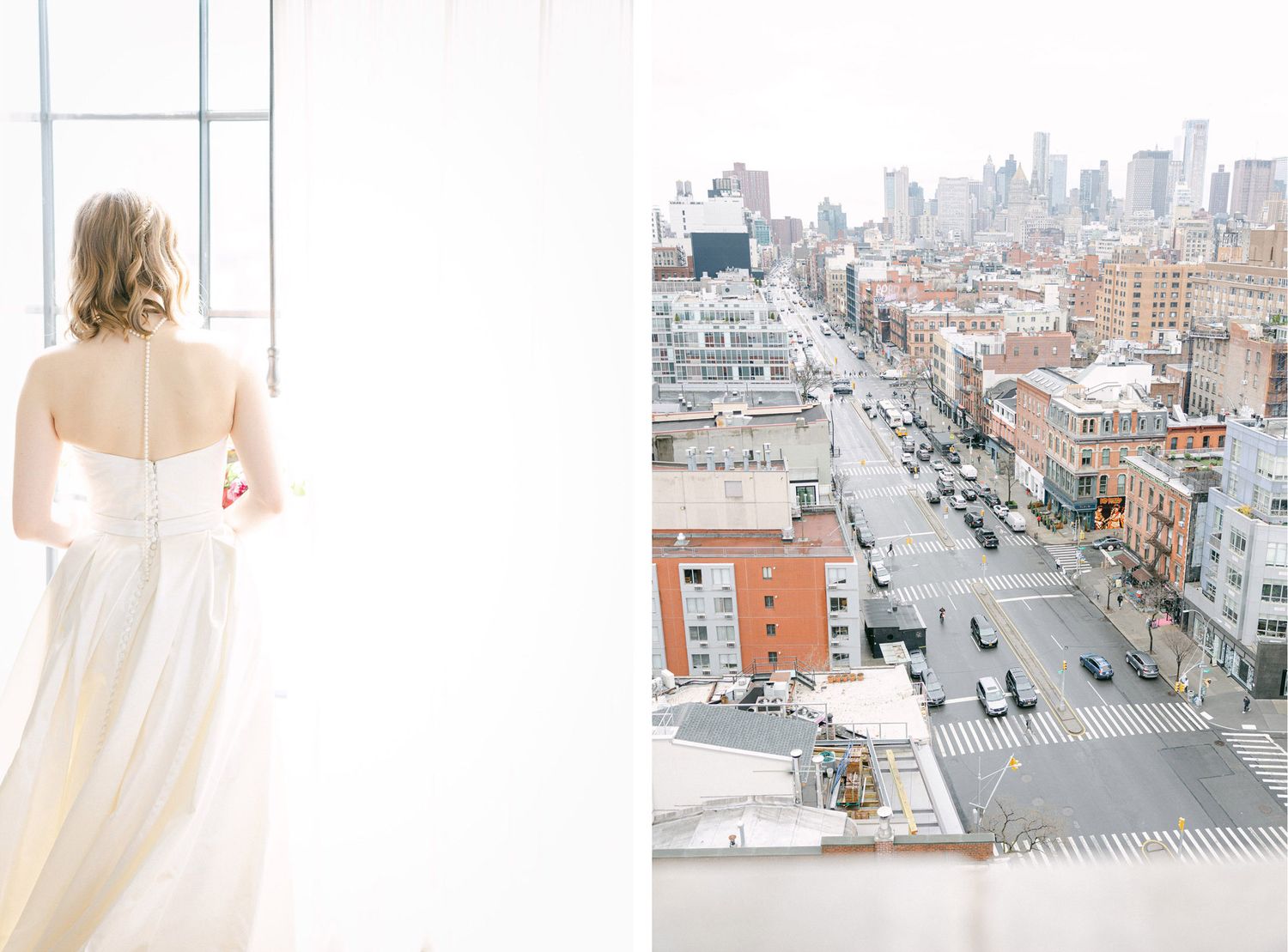 Urban rooftop views and wedding dress details create an elegant bridal photoshoot aesthetic in a city setting.