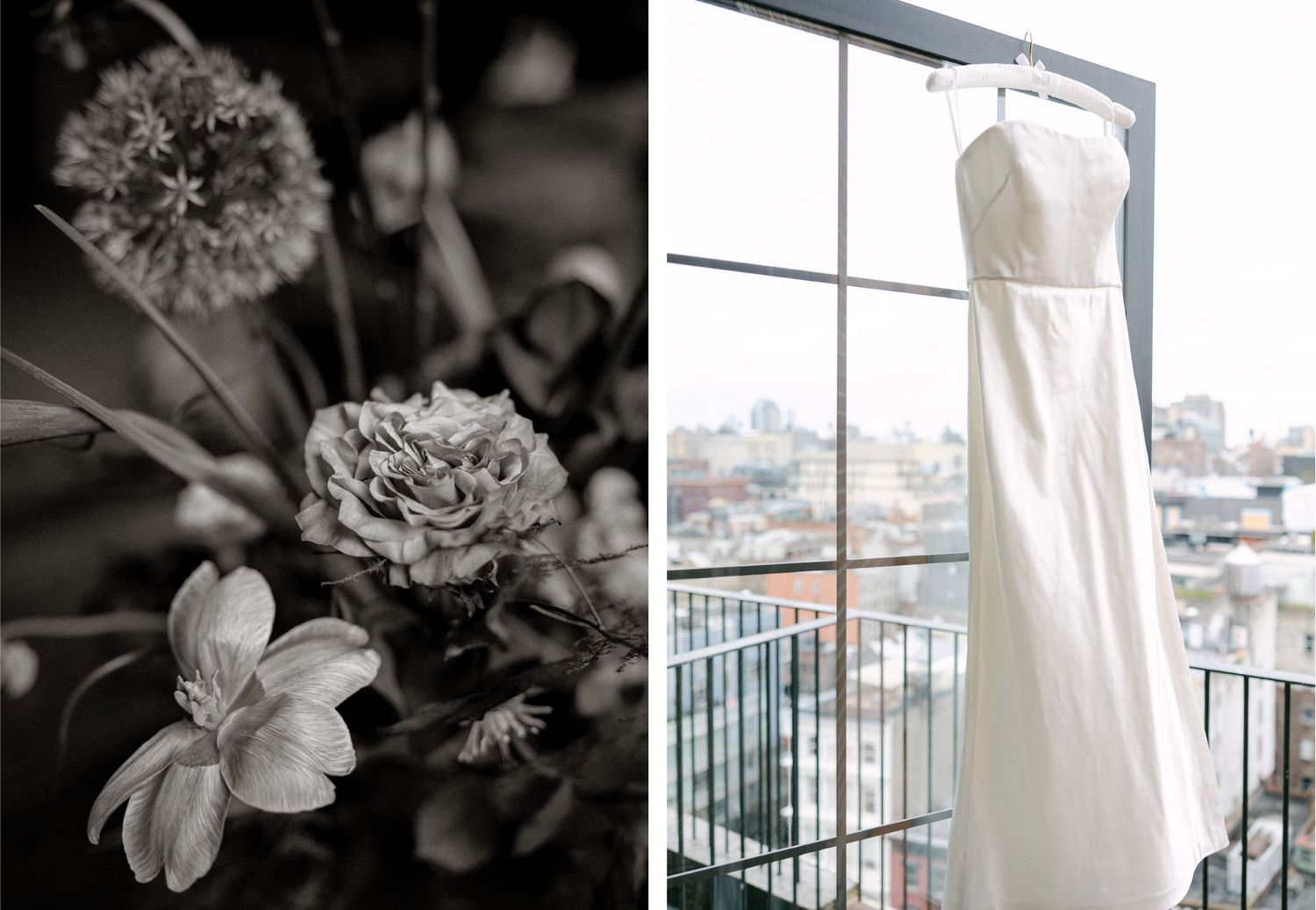 A black and white photo collage featuring wedding details including flowers, dresses, and balcony views.