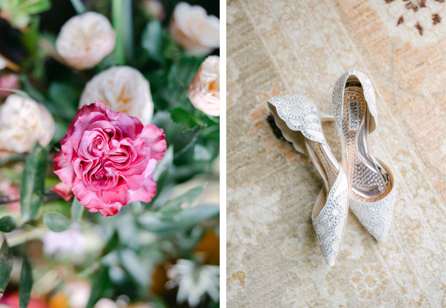 Wedding shoes and pink roses arranged on textured beige lace fabric create an elegant bridal detail shot.
