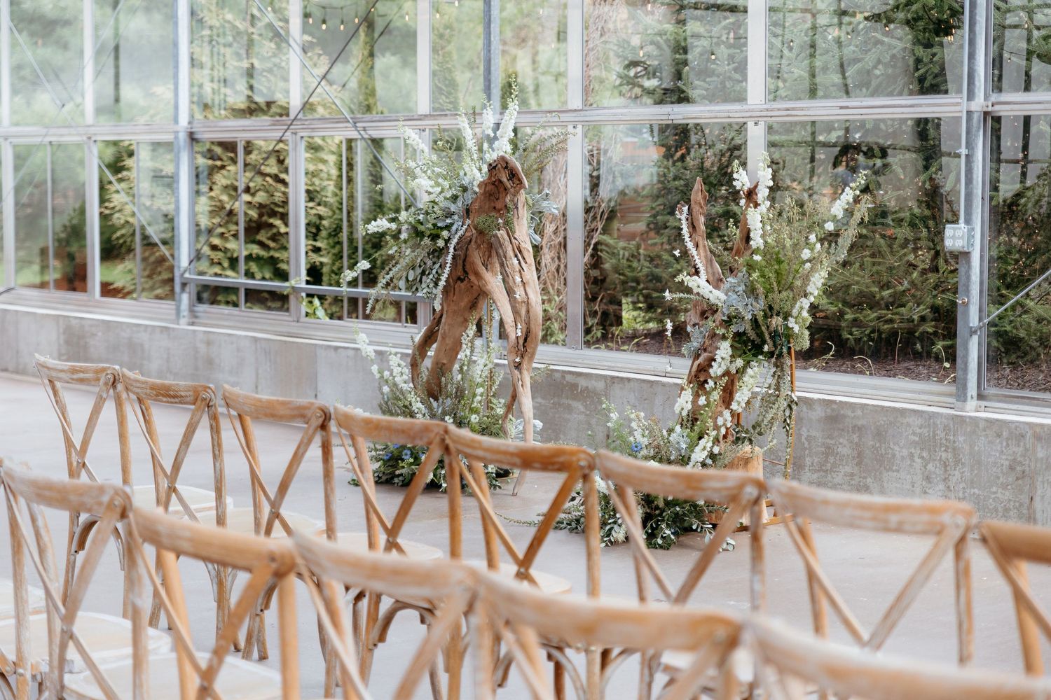 Interior of elegant greenhouse venue with wooden crossback chairs and natural lighting. The Ivy House Ceremony space. Saugatuck, Michigan.
