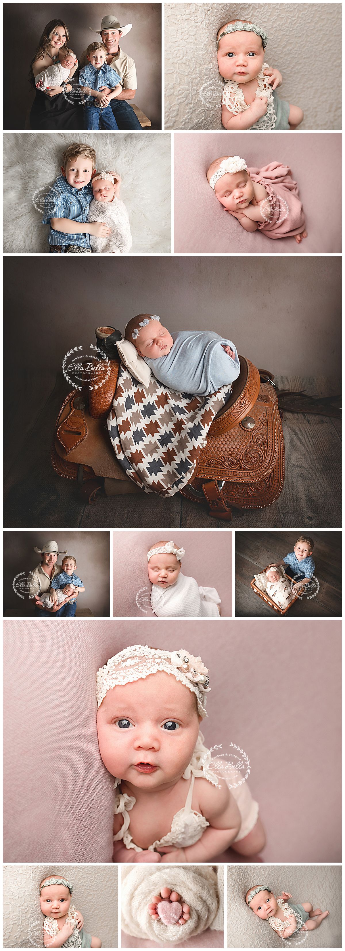 Collage of newborn photography featuring western-themed props, pink outfits, and rustic saddle setups in studio lighting.