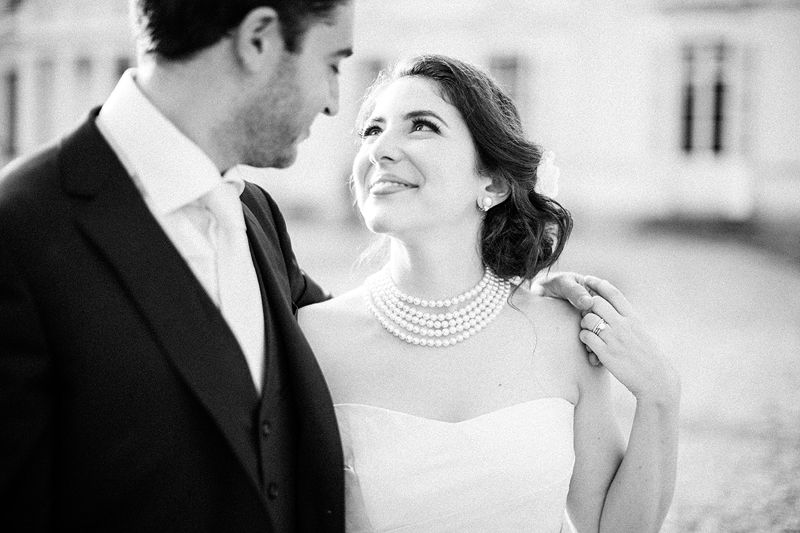 Romantic bride and groom portrait at sunset in the Provence countryside near Château de Massillan, France
