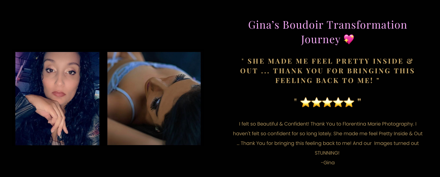 Side by side before and after boudoir photography transformation images showing pink hair and glamour styling.
