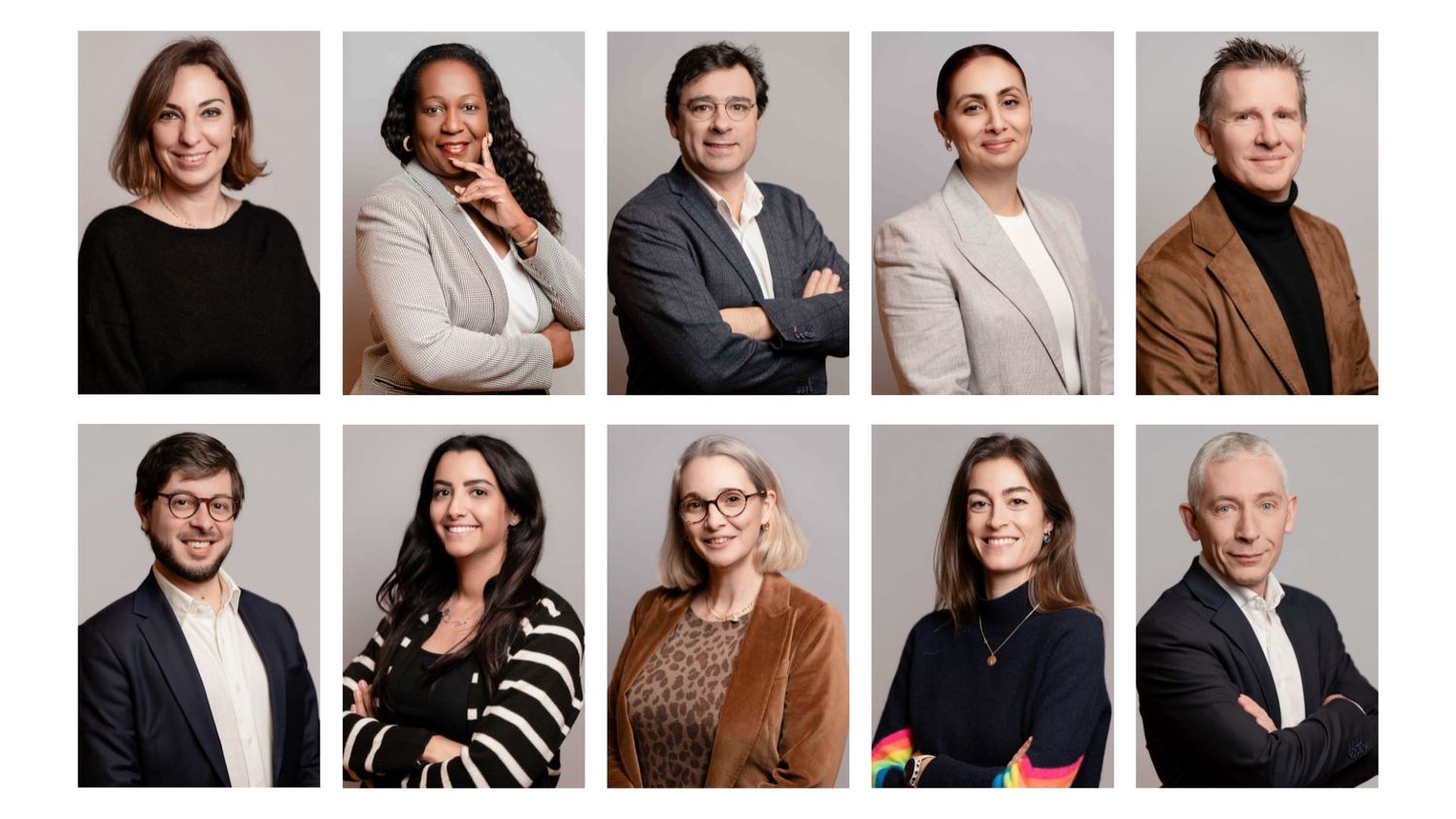 Professional headshot portraits in black and white and color showing people in business attire against neutral backgrounds.