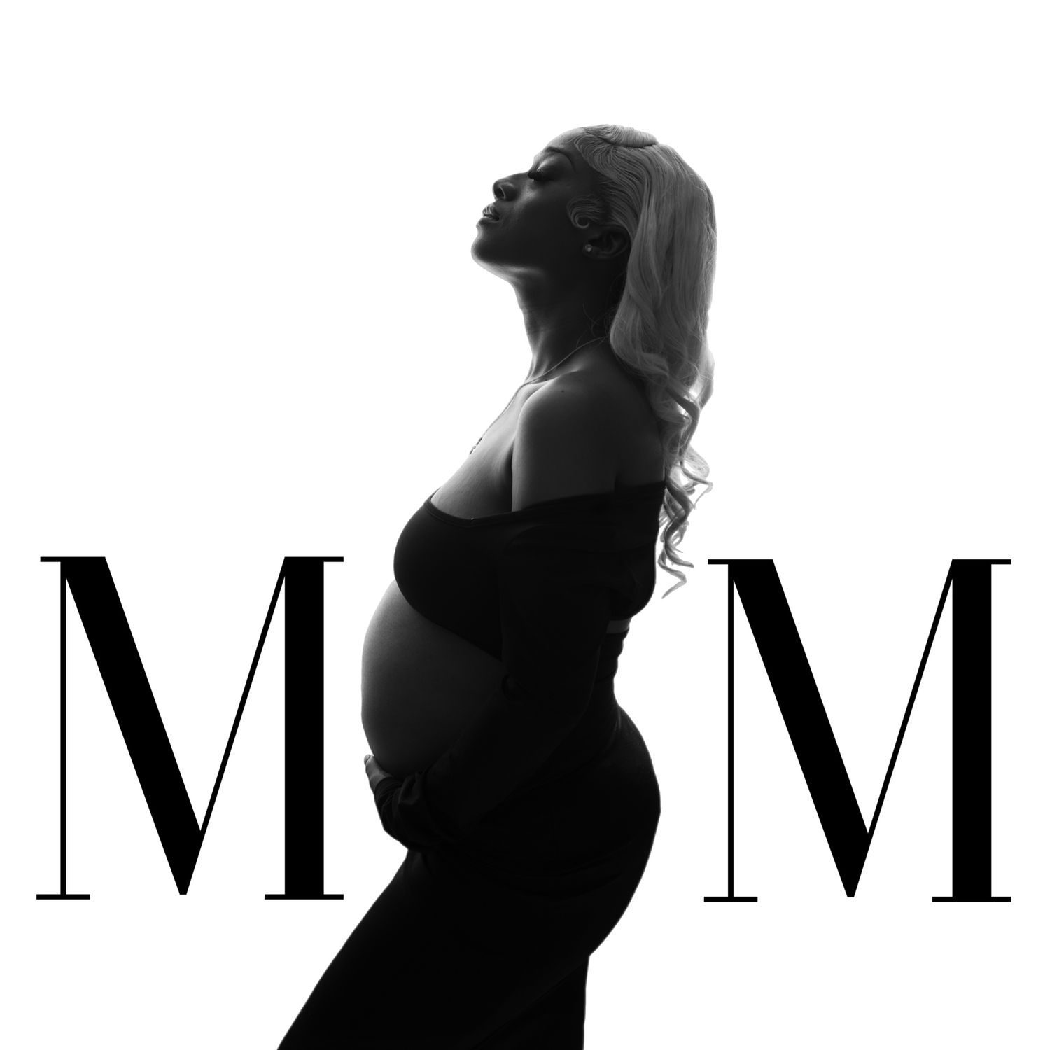 A black and white silhouette of a pregnant figure in profile with the letter M on either side creating MOM. At Vanessa Charlotte Photography