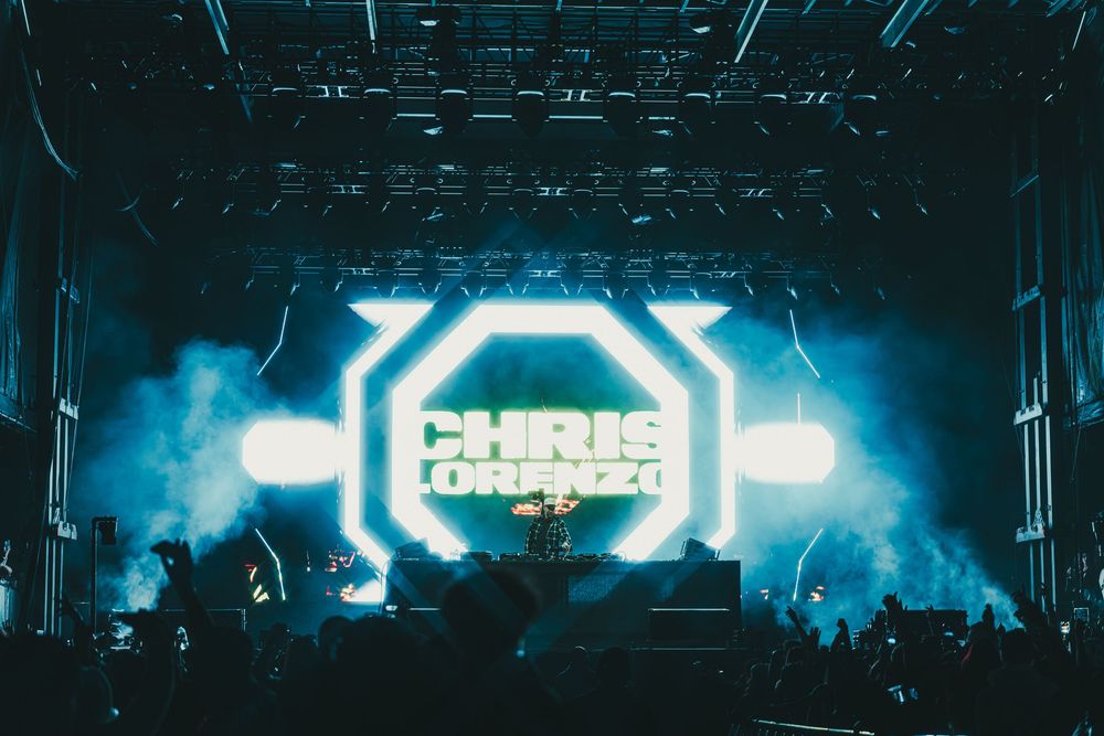 Concert crowd silhouettes against bright blue stage lighting and smoke effects at an electronic dance music event.