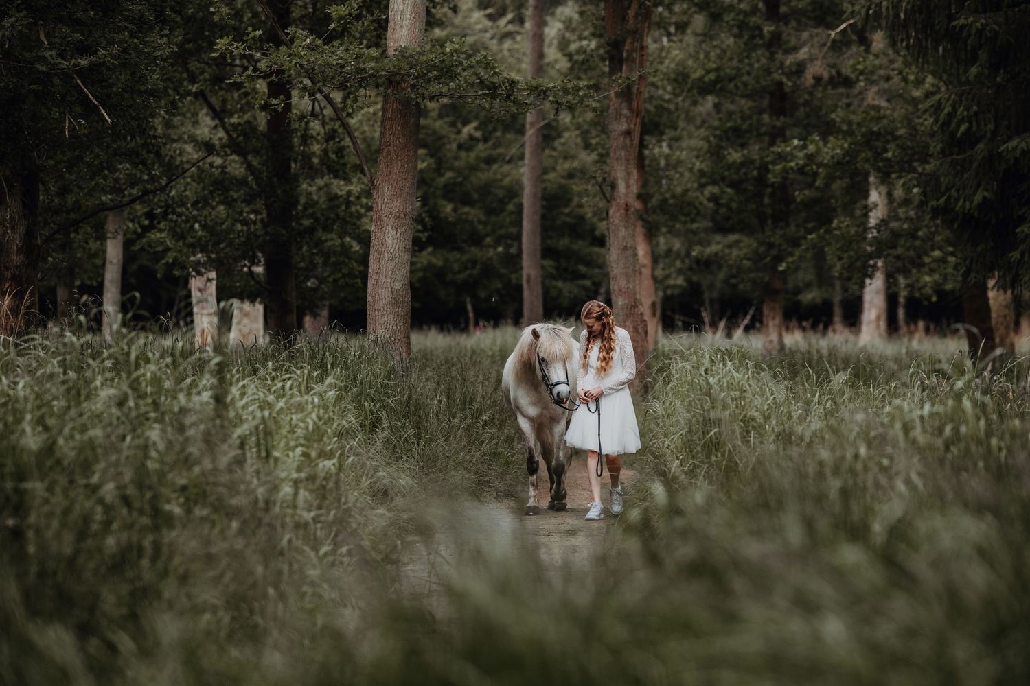 A couple walks hand in hand through a serene wooded path surrounded by tall trees and lush greenery.
