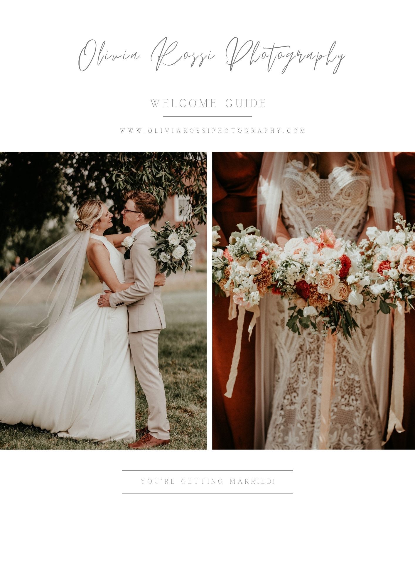 A wedding photography welcome guide cover page with floral arrangements and elegant bridal details. Cornwall wedding photographer