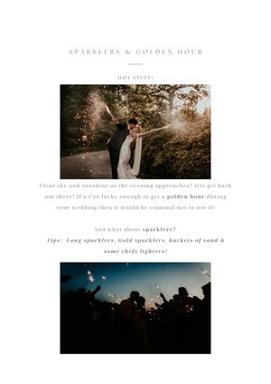 Two silhouettes celebrate with sparklers against a golden sunset backdrop while text overlays describe sparkler photo tips.