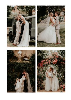 Romantic outdoor wedding photography session featuring intimate moments and embraces in a garden setting with floral details.