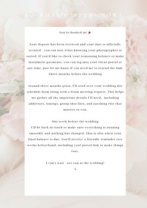 A light pink wedding photography business document with elegant text and floral design elements.