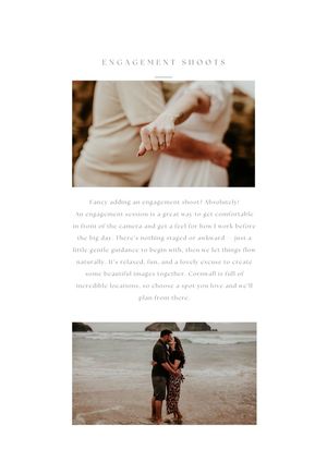 An engagement photo template featuring a close-up ring shot and a beach scene with text overlay.