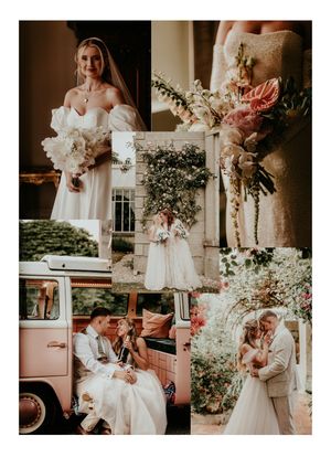 Vintage-inspired wedding photography collage featuring soft lighting and classic bridal portraits.
