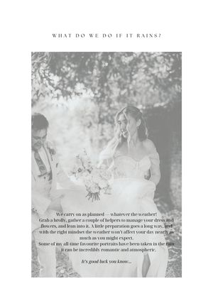 A wedding photography guide page showing rainy day photo tips and sample images in black and white.