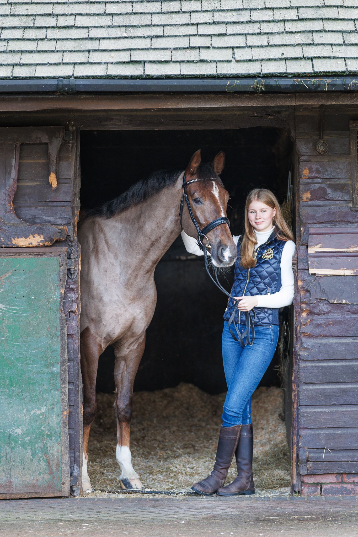 A series of four connected images showing a horse in a wooden stable with someone in denim jeans standing nearby.