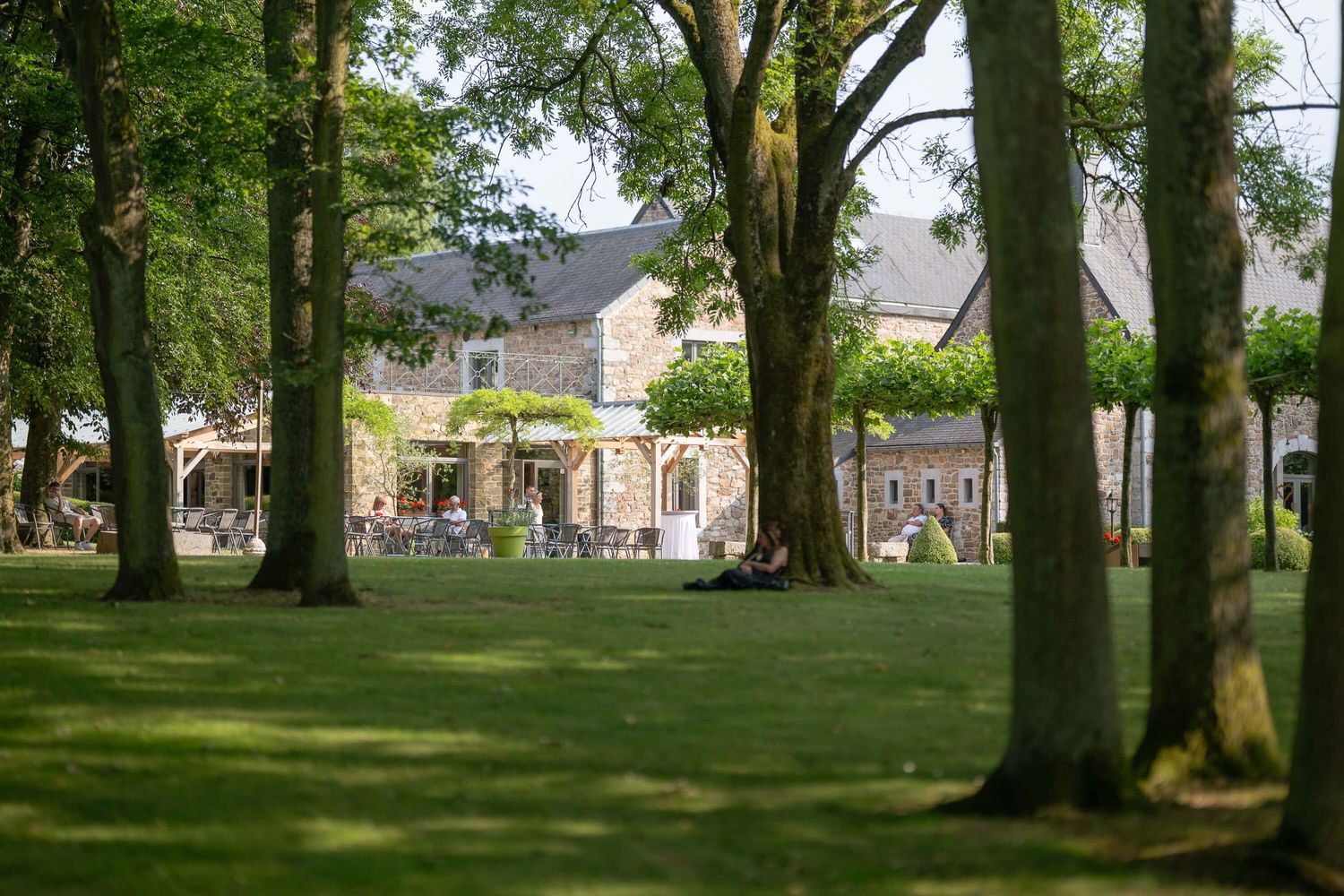 Tree-lined park area with expansive green lawn and residential buildings visible in the background.