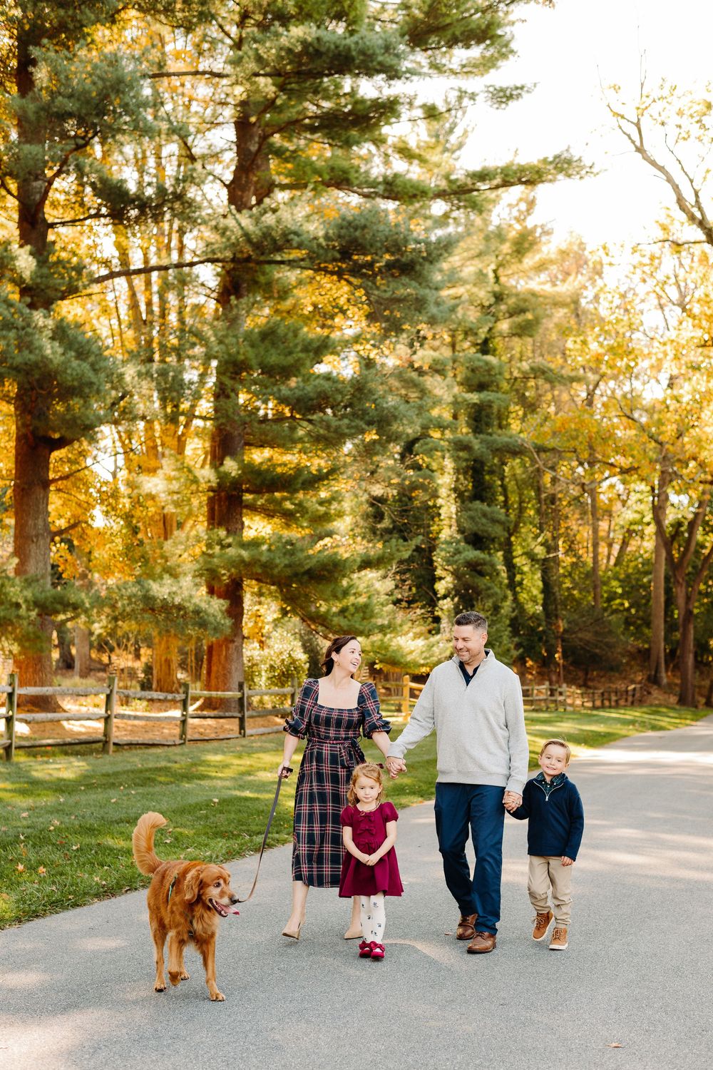Family walking together with their golden retriever dog on a tree-lined path during golden hour in autumn.