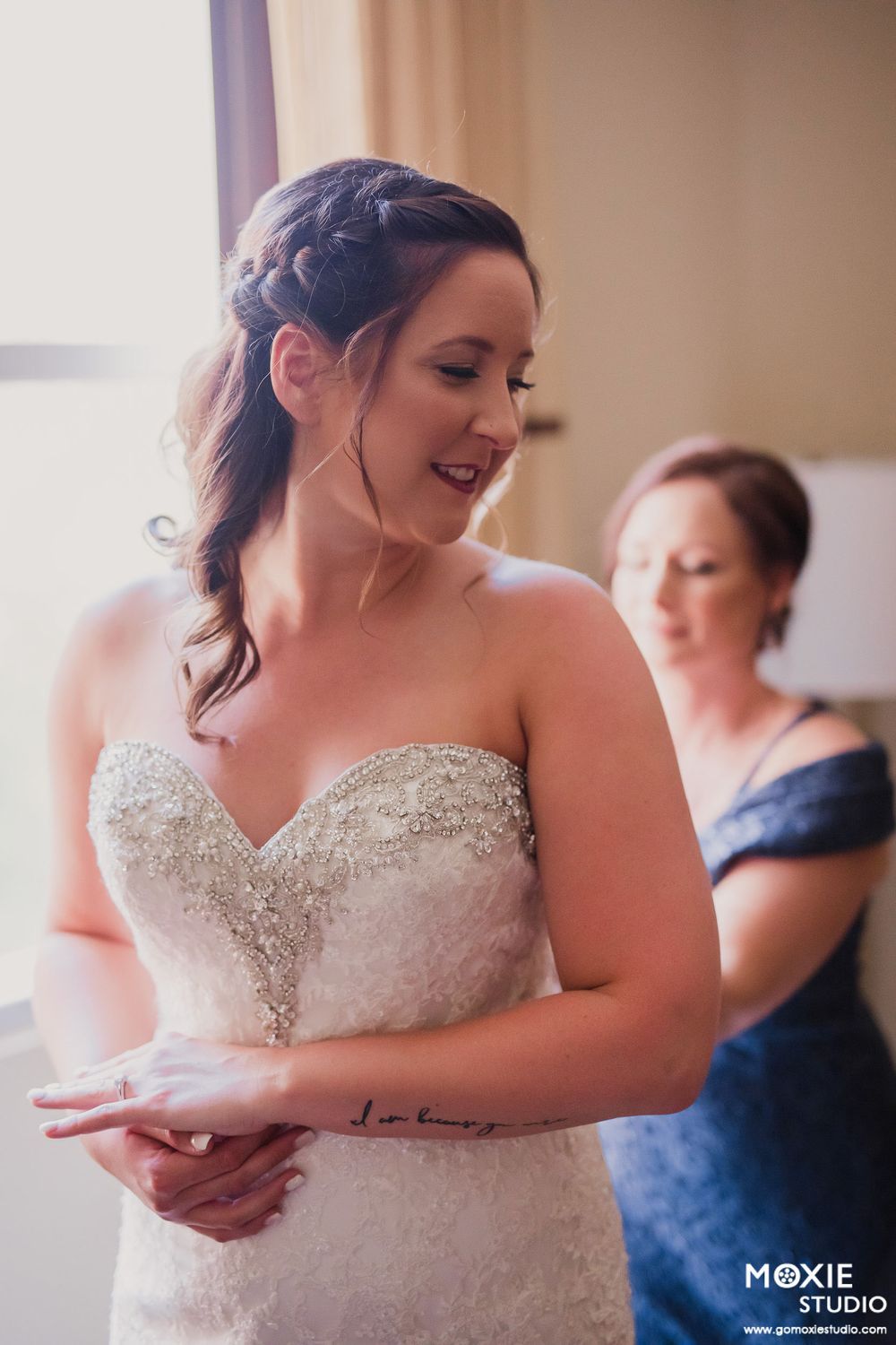 Close-up detail shots of a beaded strapless wedding dress bodice with intricate embellishments.
