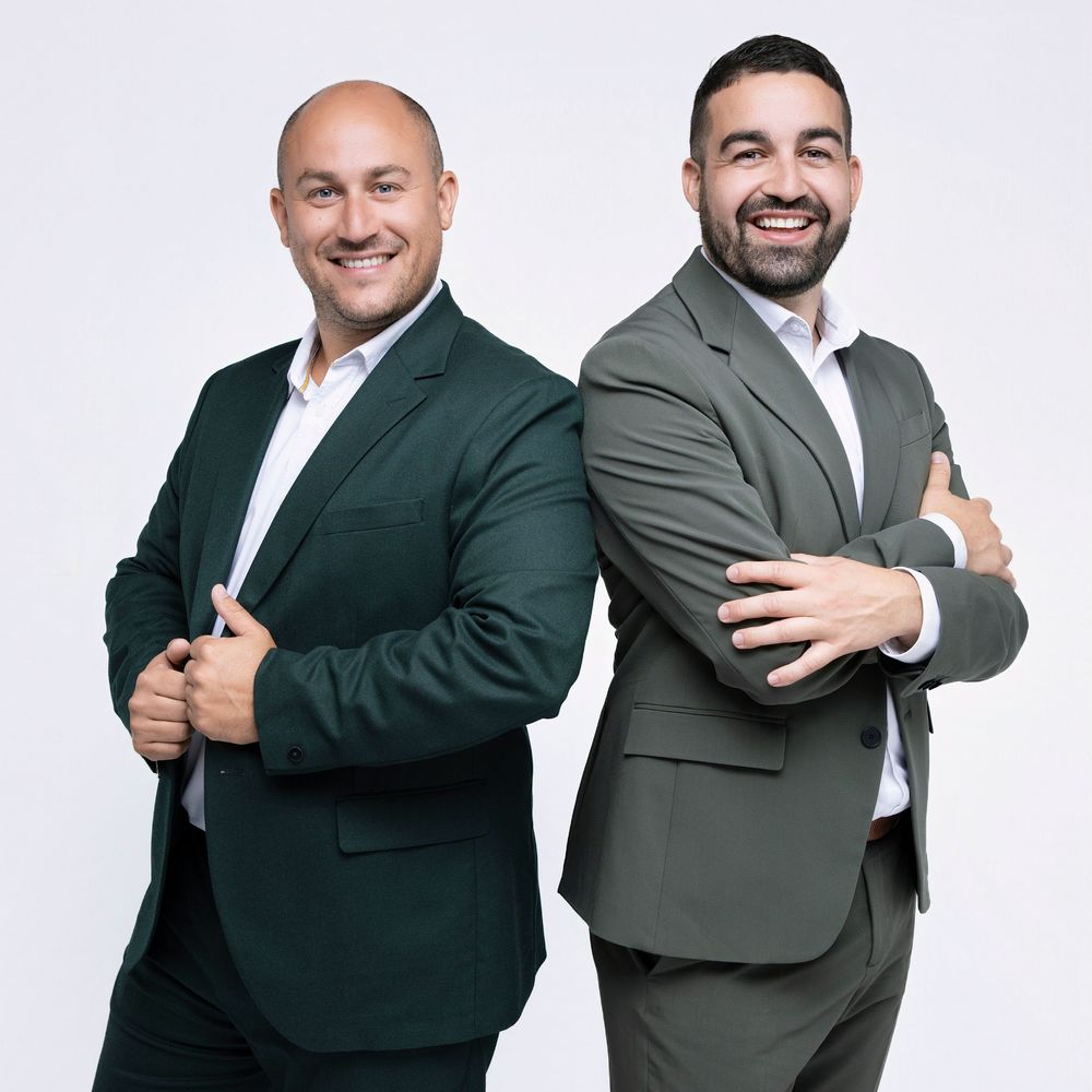 Professional business colleagues in suits pose playfully against white background in sequential shots.