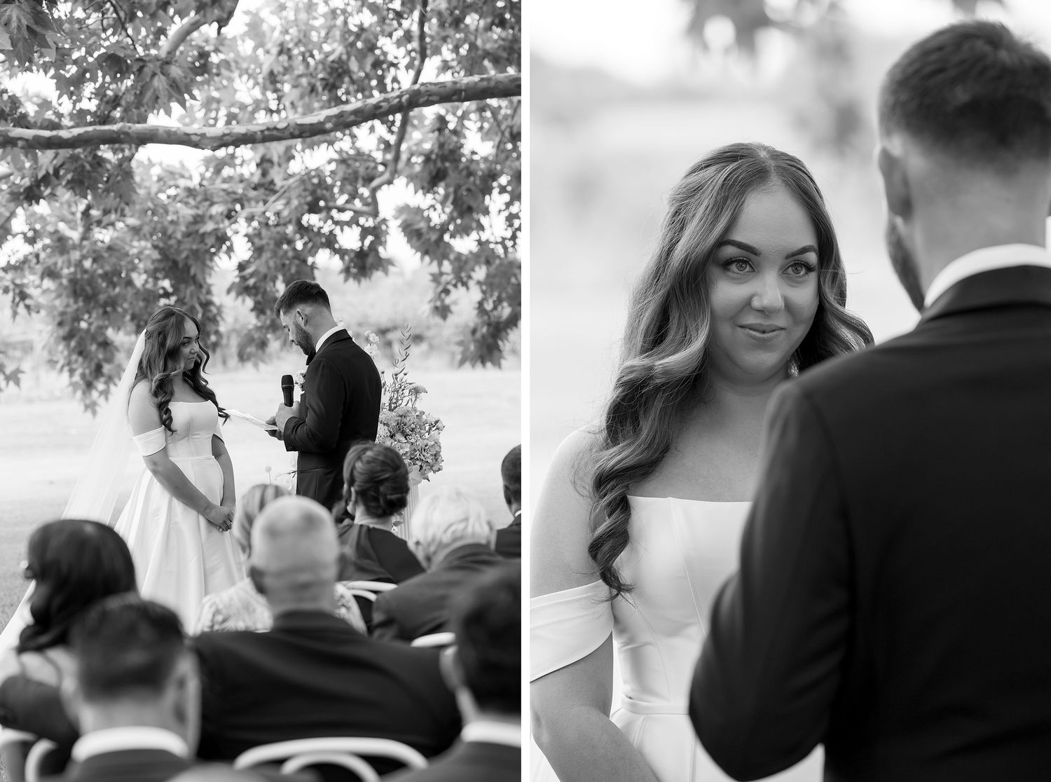 Black and white wedding ceremony photos showing a couple exchanging vows under a tree and gazing at each other during the service.