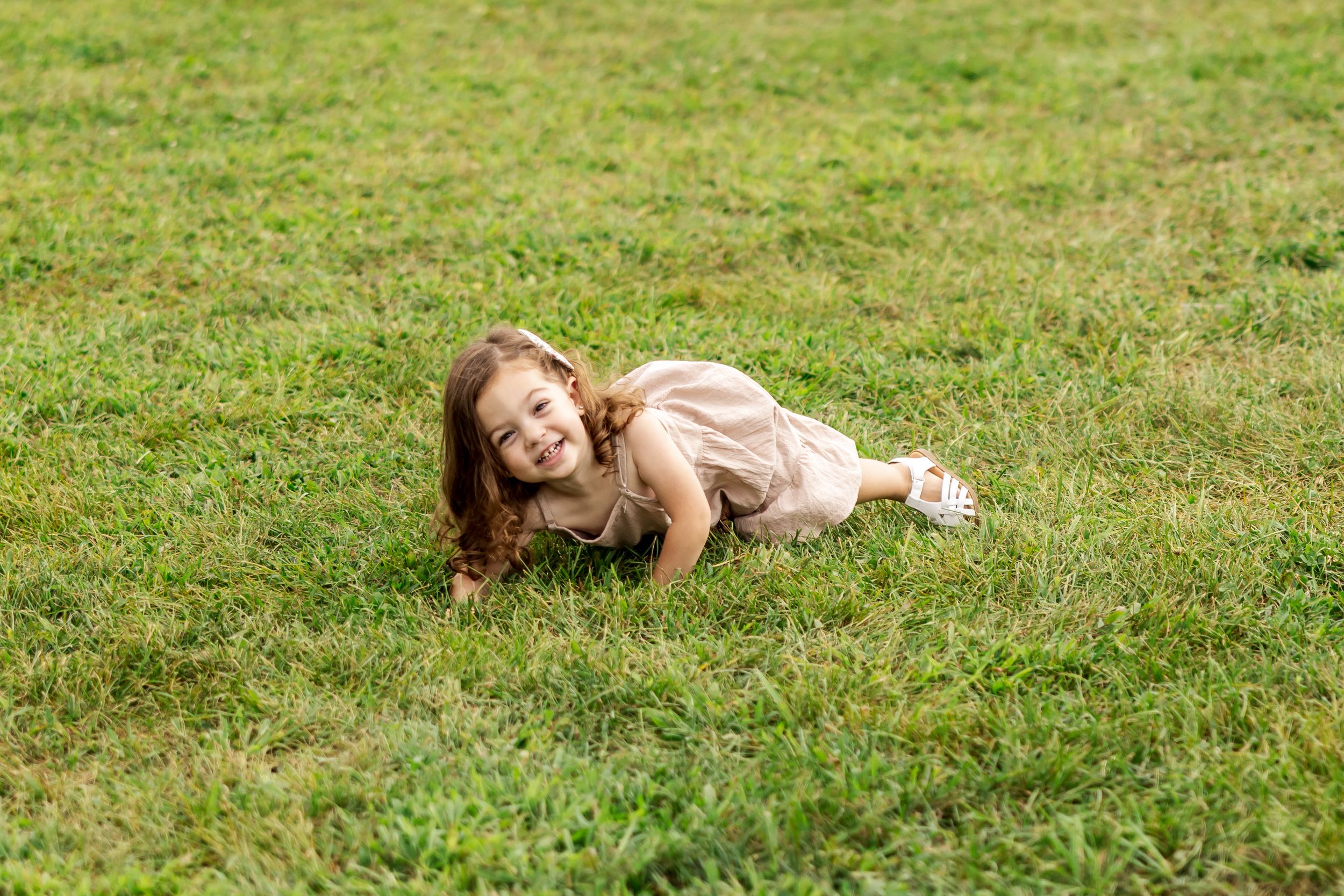 Seven sequential photos show a dog rolling and playing in green grass on a sunny day.