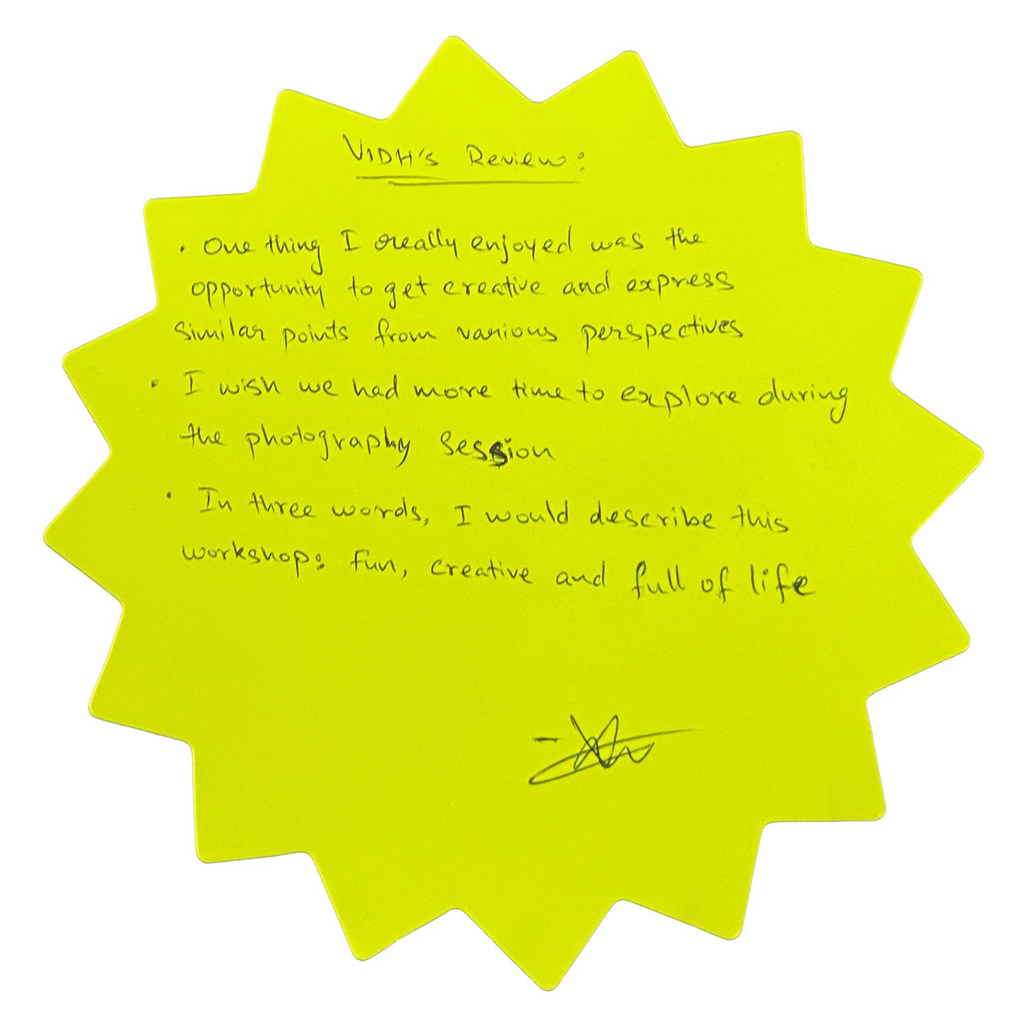 Yellow star-shaped paper with handwritten student feedback notes.