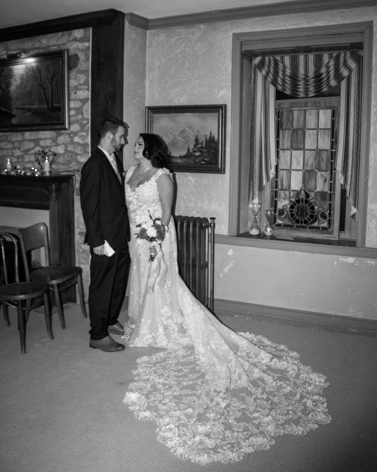 black/white, wedding, valentine's day wedding, Springtown Inn, Springtown PA, Pennsylvania, blended family, stained glass, rustic, historic
