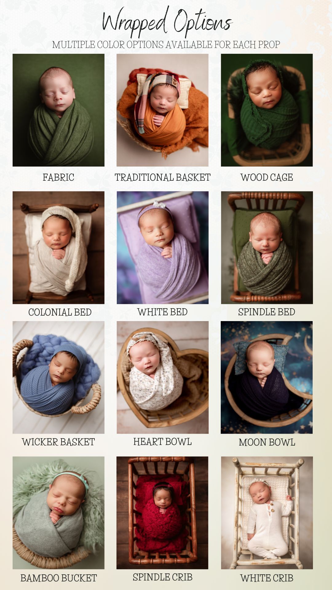 A collection of newborn photography props showing different crates, baskets, and color options for professional photo sessions.