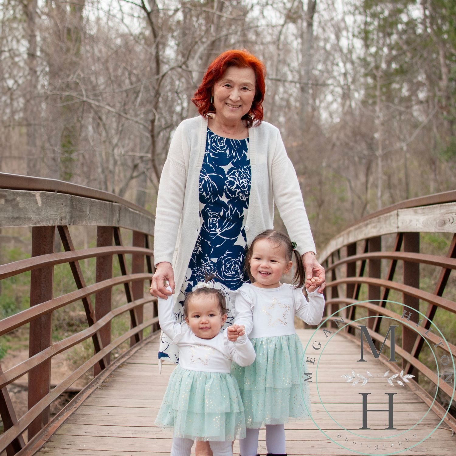 Grandma and two toddler grandchildren image on bridge