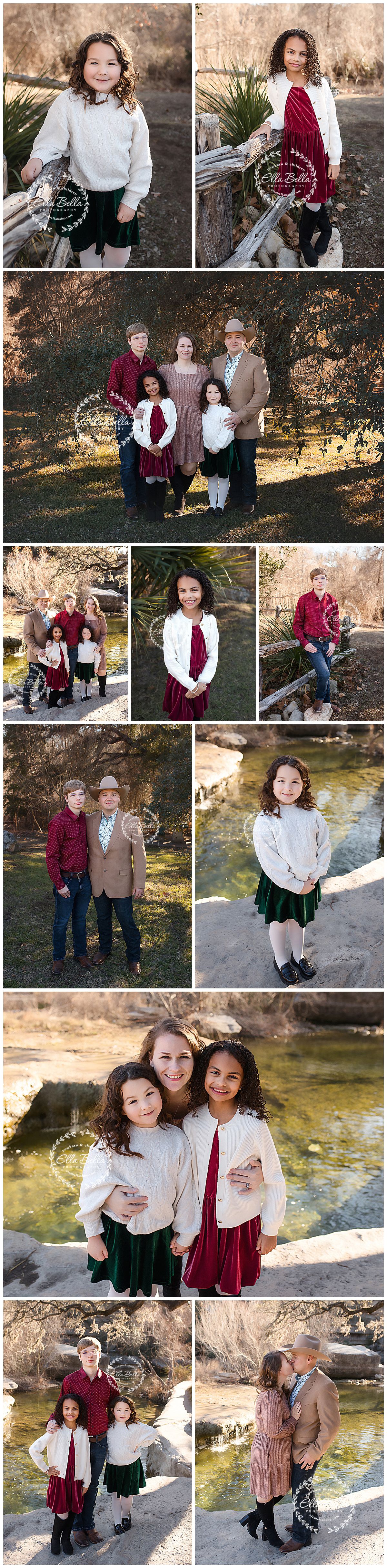 Family photo session in a natural outdoor setting with burgundy and white coordinated outfits near a creek.