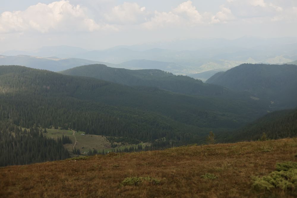 Rolling mountain landscape covered in dense evergreen forests stretches into the misty distance under a partly cloudy sky.